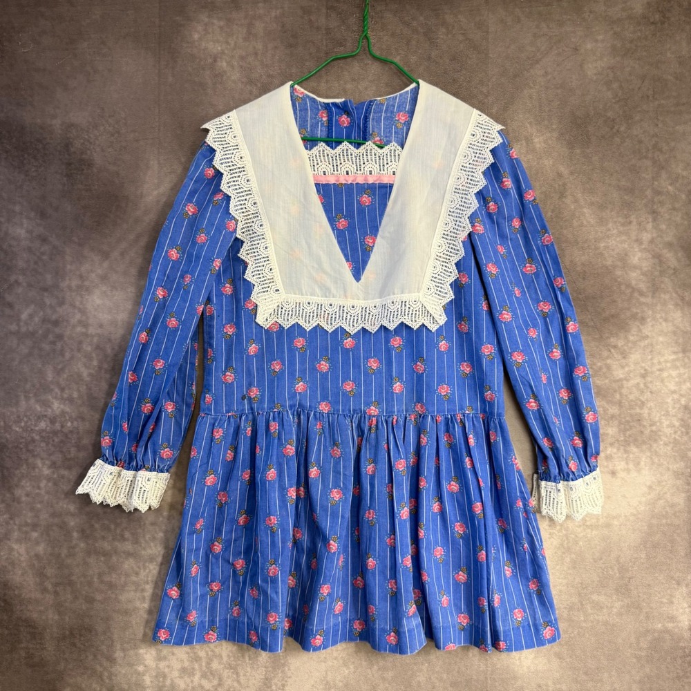Vintage Carters Girls Blue Floral Lace Collar Dress Size 6X Made in USA